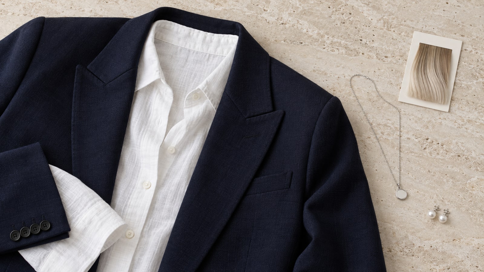 Navy blazer, white linen shirt, silver pendant, pearl earrings, and a mounted blonde hair swatch arranged on pale travertine