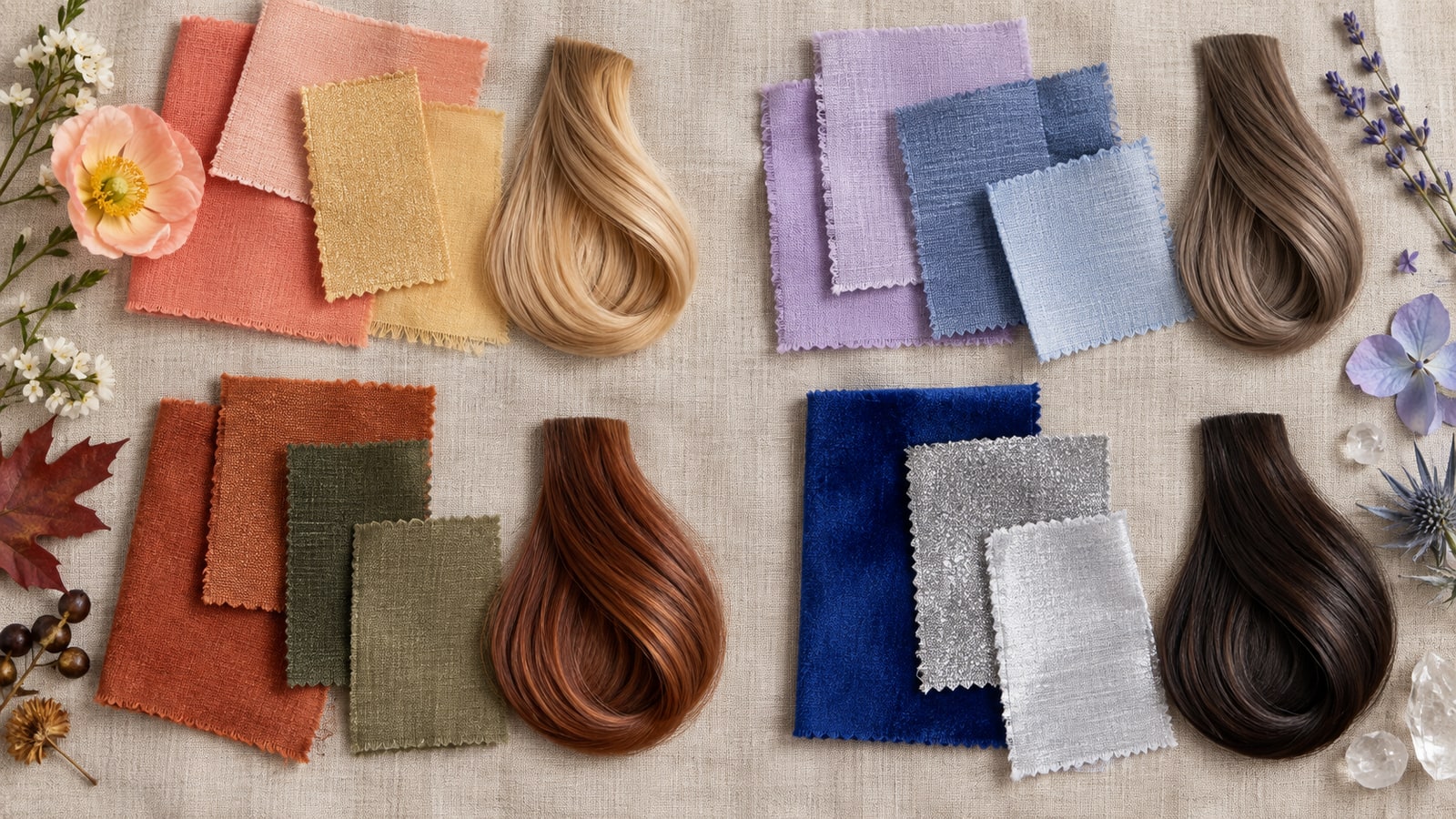 Four groups of fabric swatches in spring, summer, autumn, and winter colors beside blonde, ash-brown, auburn, and dark hair swatches