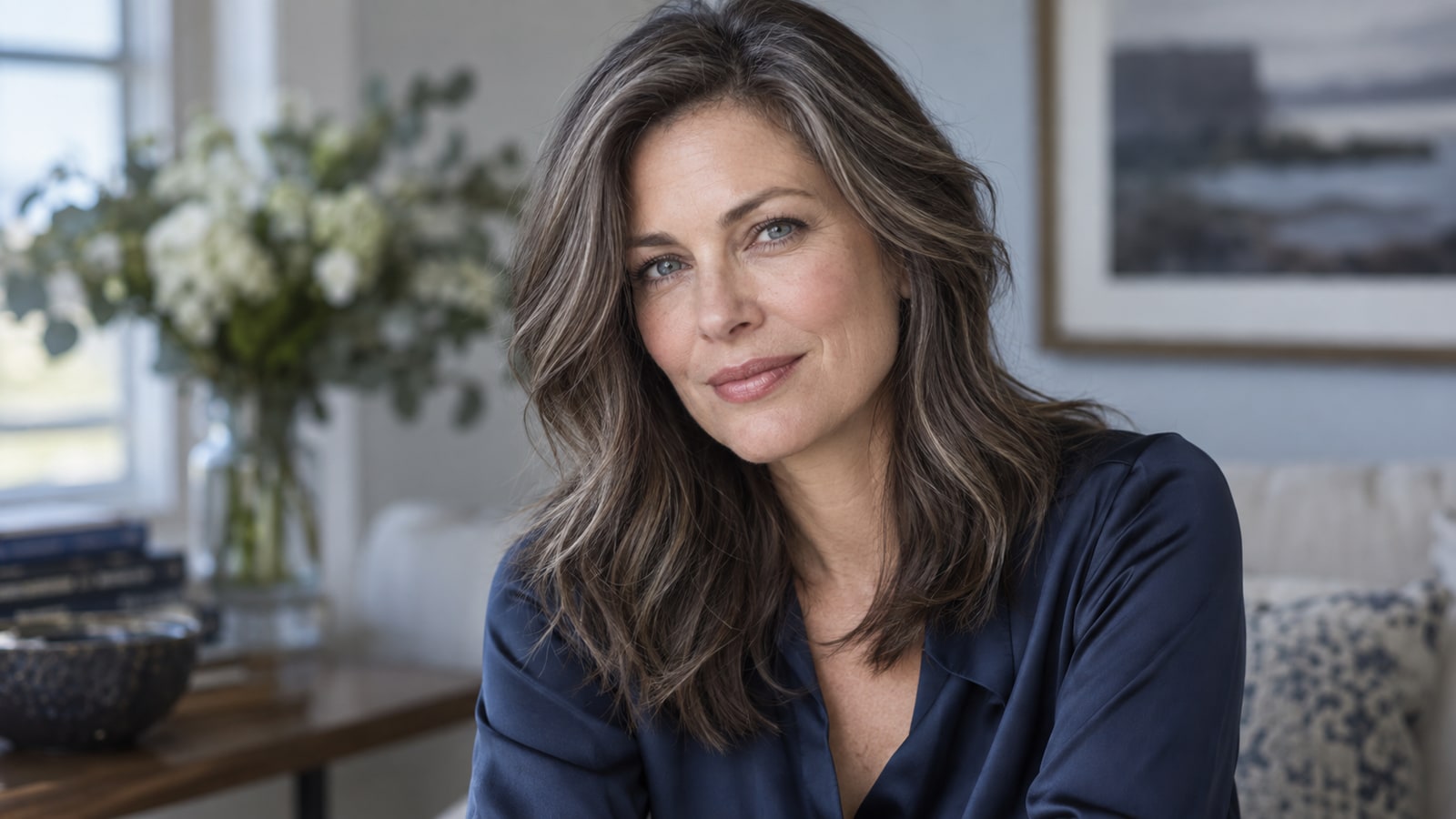 Woman with cool ash-brown hair woven with subtle silver strands wearing a navy blouse