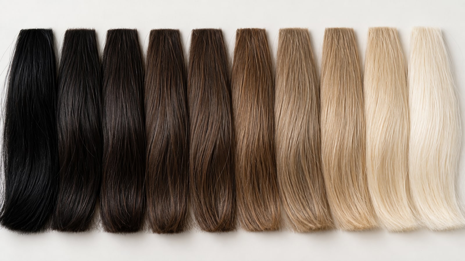 Ten physical hair swatches progressing from near-black to very pale blonde on an off-white background