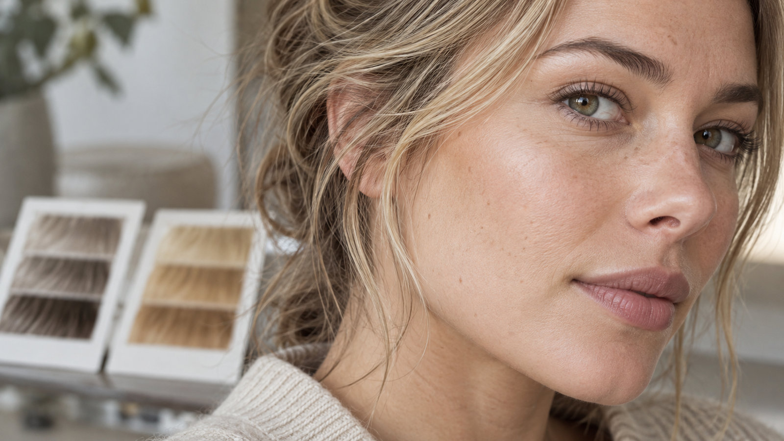 Close portrait with unlabelled cool and warm hair swatches softly blurred behind the subject