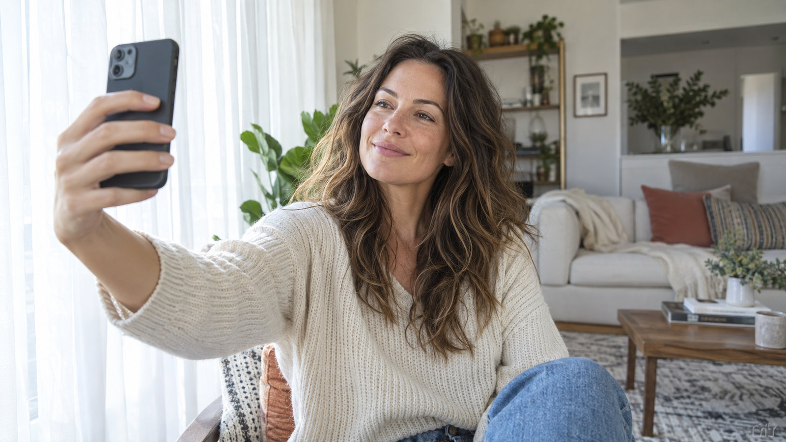 Woman taking an eye-level selfie beside a sheer-curtained window in even daylight