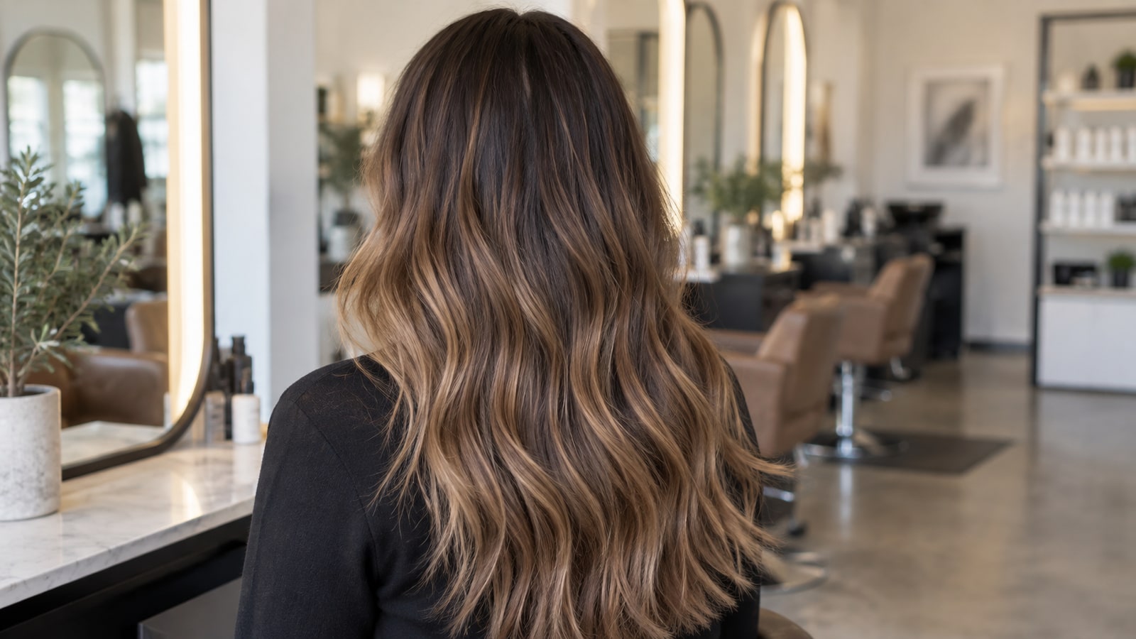 Back view of long brunette hair with a soft dark root transition into caramel balayage