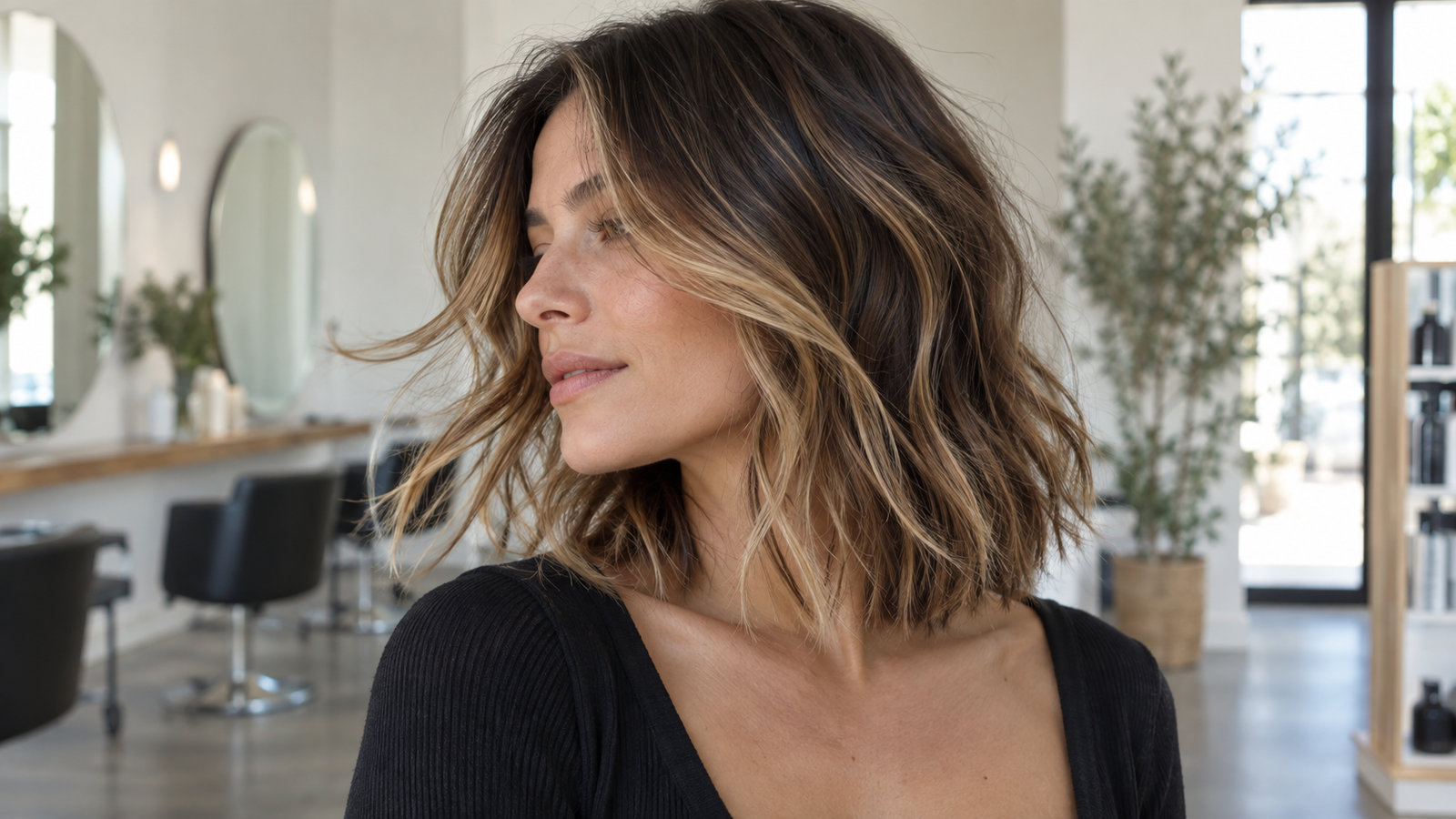 Collarbone-length textured lob with soft layers and dimensional balayage in motion
