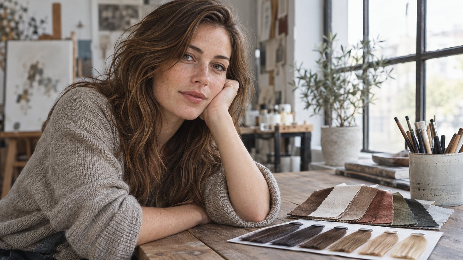 Woman with light chestnut hair beside fabric and hair color swatches in soft studio daylight